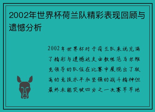 2002年世界杯荷兰队精彩表现回顾与遗憾分析